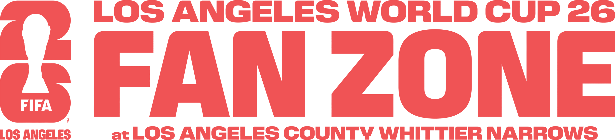Red Los Angeles World Cup 26 Fan Zone logo on a black background. Large text reads “LOS ANGELES WORLD CUP 26 FAN ZONE,” with the FIFA World Cup 26 emblem on the left and smaller text below reading “LOS ANGELES at LOS ANGELES COUNTY WHITTIER NARROWS.”